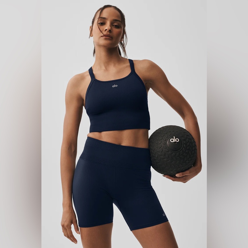 ALO Yoga Navy Athletic Bike Shorts and Tank Bra Set